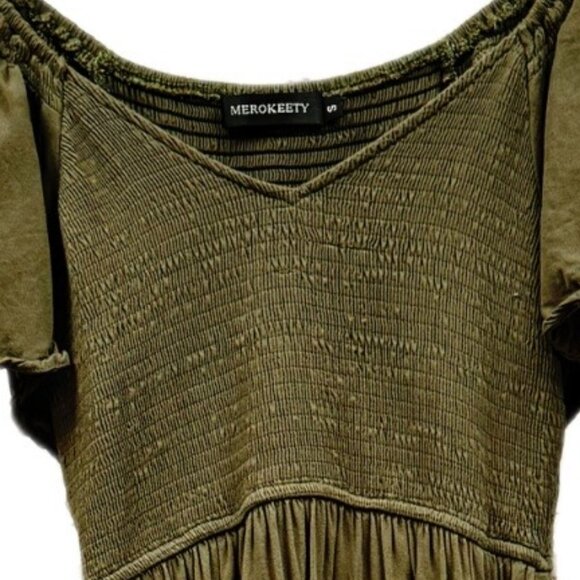 Merokeety MSRP $69 Shirred A-line Dress Flutter Sleeve V-neck Boho Stretch Small - Picture 2 of 7